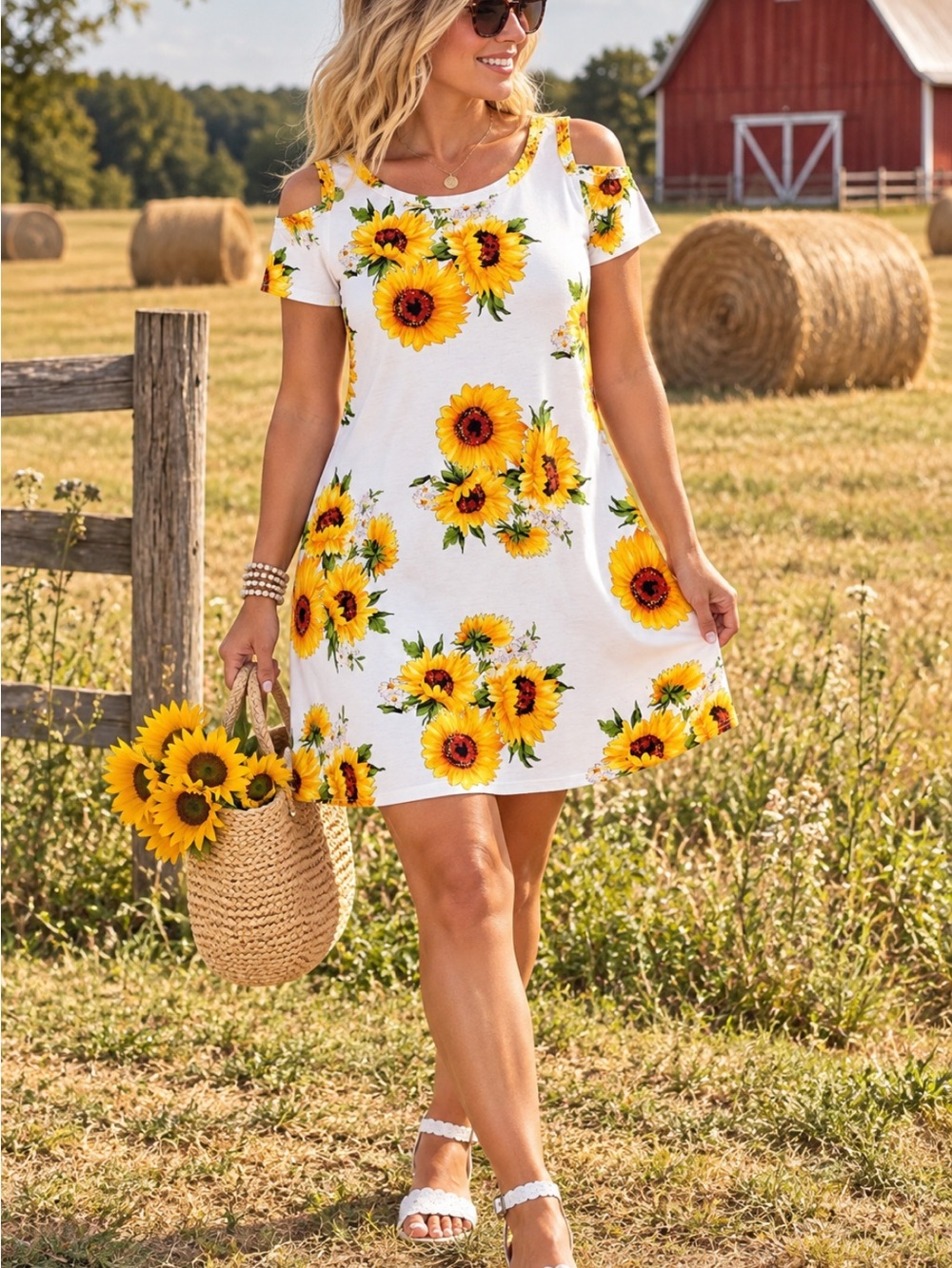 Sunflower Cold-Shoulder A-Line Dress - White & Yellow
